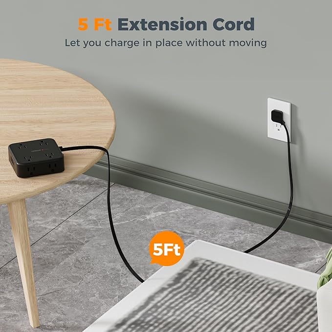 TESSAN Surge Protector Power Strip, 5 Ft Flat Plug Extension Cord with 3 USB (1 USB C) 8 Outlets, 900J Protection, 3 Sided Outlet Extender with Power Switch for Office, Dorm Room, Black