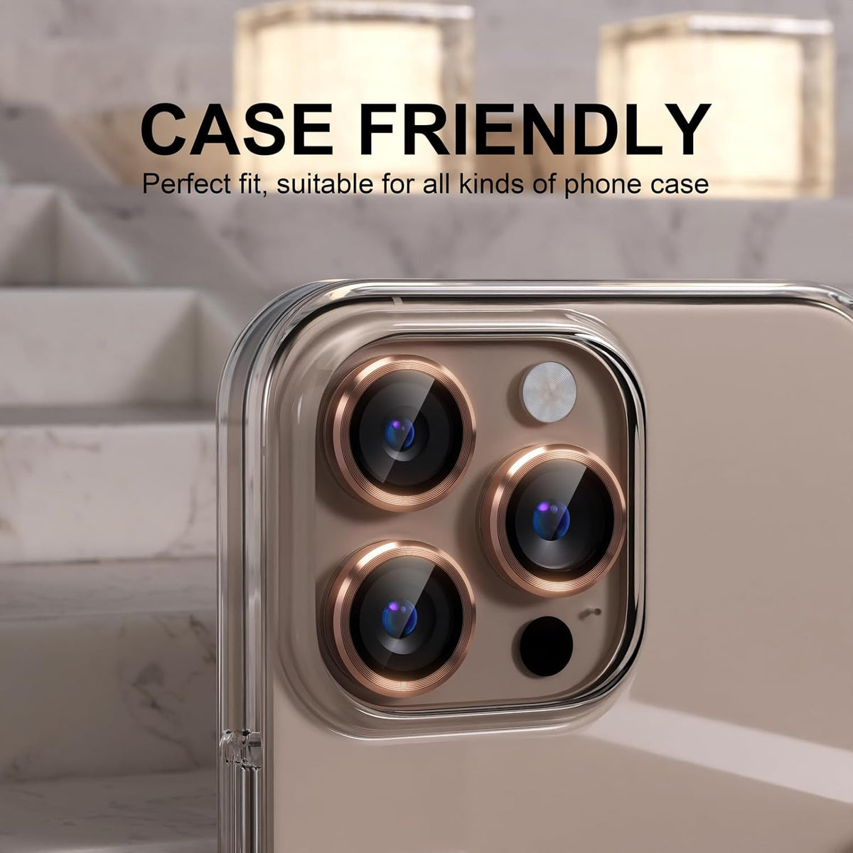 Choiche Compatible for iPhone 16 Pro/iPhone 16 Pro Max Camera Lens Protector, 9H Tempered Glass Camera Cover Screen Protector Metal Ring Decoration Accessories(Titanium Desert)