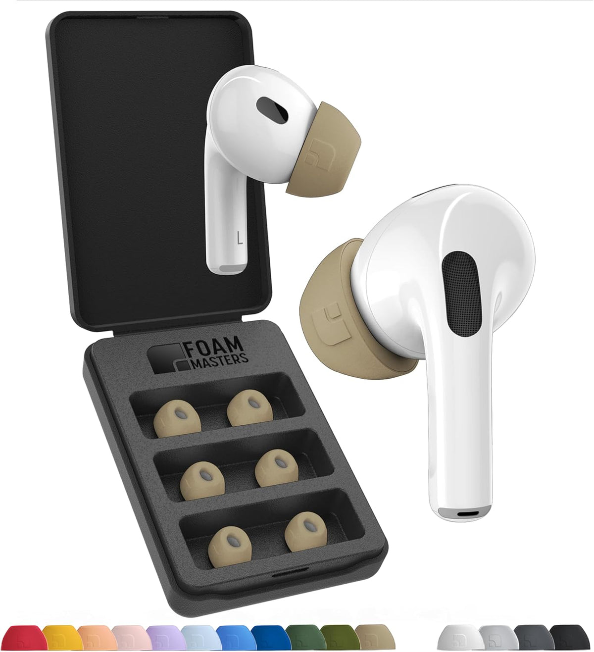 Foam Masters Ultra-Premium Memory Foam Ear Tips for AirPods Pro 1st & 2nd Gen | 3 Pairs | Black Magic Ver 6.0 | Secure | Comfort | Better Noise Cancel | Replacement Buds – FDE Tan, Assorted S/M/L