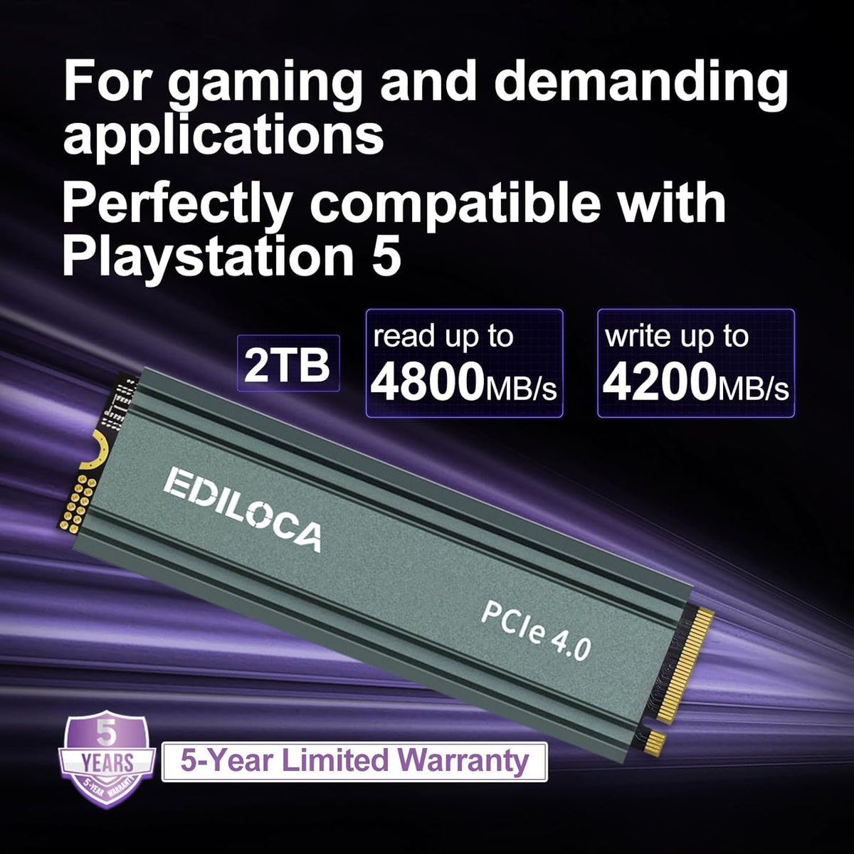 2TB M2 NVME SSD with Heatsink - PCIe Gen4.0 NVMe M.2 2280 3D NAND TLC, 4800MB/s Read, Internal Solid State Drive for PS5/PC, Dynamic SLC Cache, PS5 Storage Expansion, 5-Year Warranty(EN760)