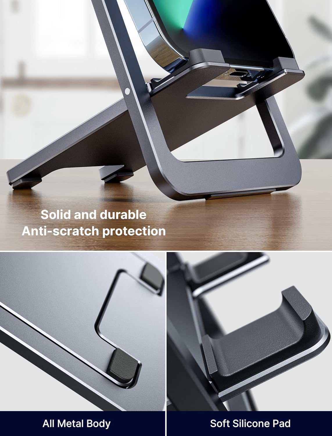 JSAUX Cell Phone Stand [2-Pack] Foldable Aluminum Adjustable Phone Holder for Desk Portable Travel Holder Office Desk Accessories Compatible with iPhone 15 14 13 12 11 Pro Max X Samsung S24 S23 Grey