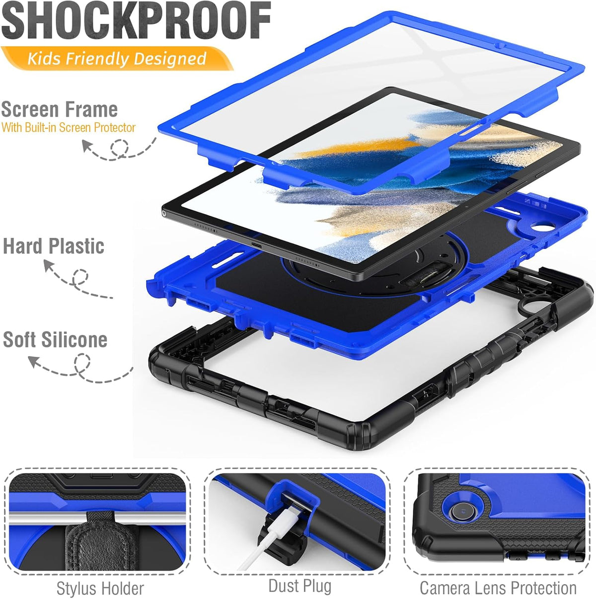 HXCASEAC Case for Samsung Galaxy Tab A8 10.5 inch, Protective with Screen Protector/Hand Strap/Pen Holder, Sturdy Shockproof A8 Tablet Case 2022 SM-X200/X205/X20 - Blue