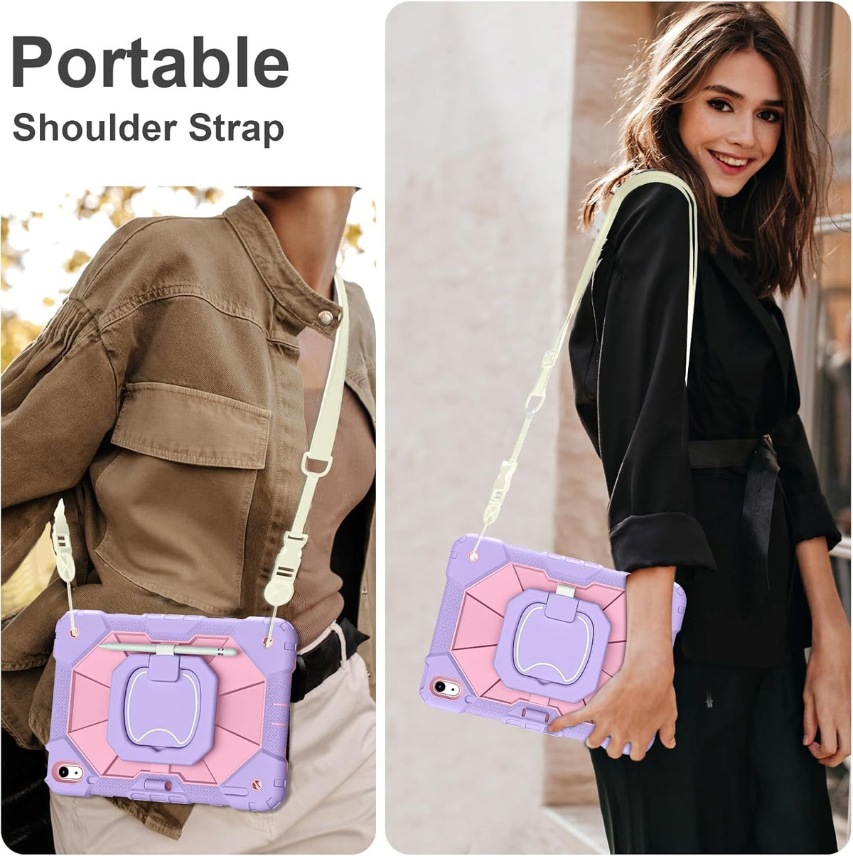 Case for iPad (A16) 11th Generation 11 Inch (2025), iPad 10th Generation Case 10.9 Inch (2022), Shockproof Cover with 360° Rotating Stand Screen Protector Pen Holder Shoulder Strap, Purple Pink