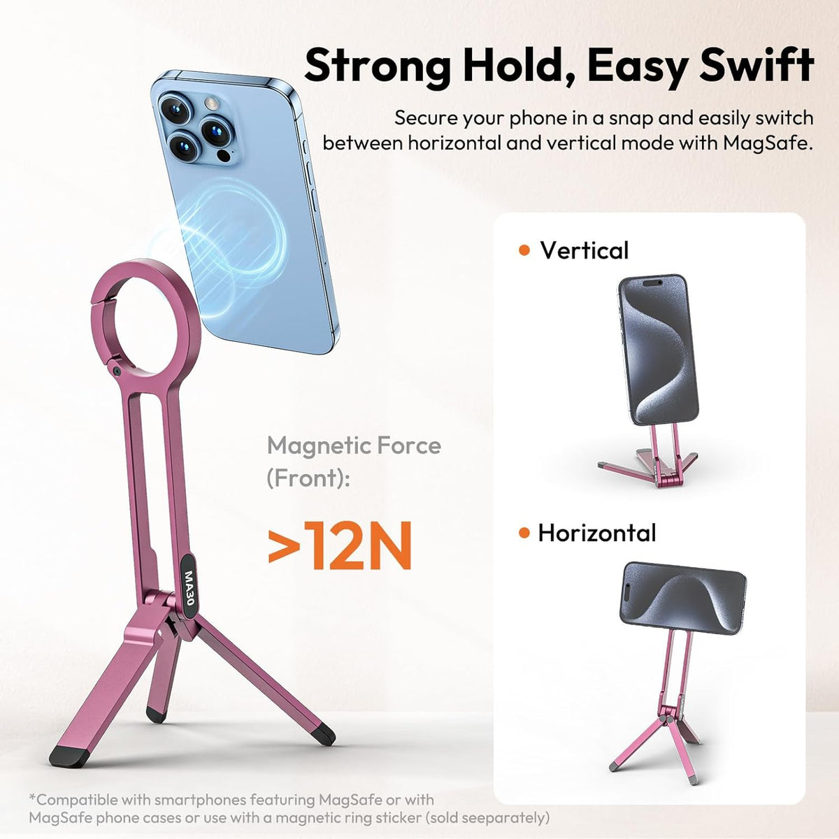 ULANZI MA30 Magnetic Phone Tripod Stand for iPhone - Aluminium Maglock Smartphone Mini Tripod Pocket Cell Phone Stand Strong Magnet Quick Mount Compatible with iPhone 16 15 14 13 12 Series, Pink