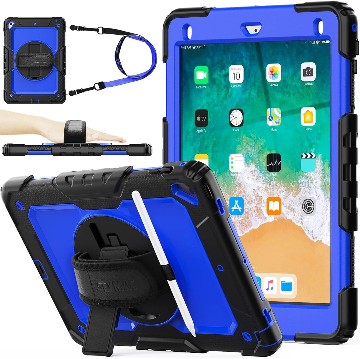 SEYMAC stock Case for iPad 6th / 5th Generation Case/Air 2 / Pro 9.7 inch, Heavy Duty Protective with Screen Protector, with Pencil Holder, Hand Strap, Shoulder Strap, 360 Rotate Stand, Blue+Black