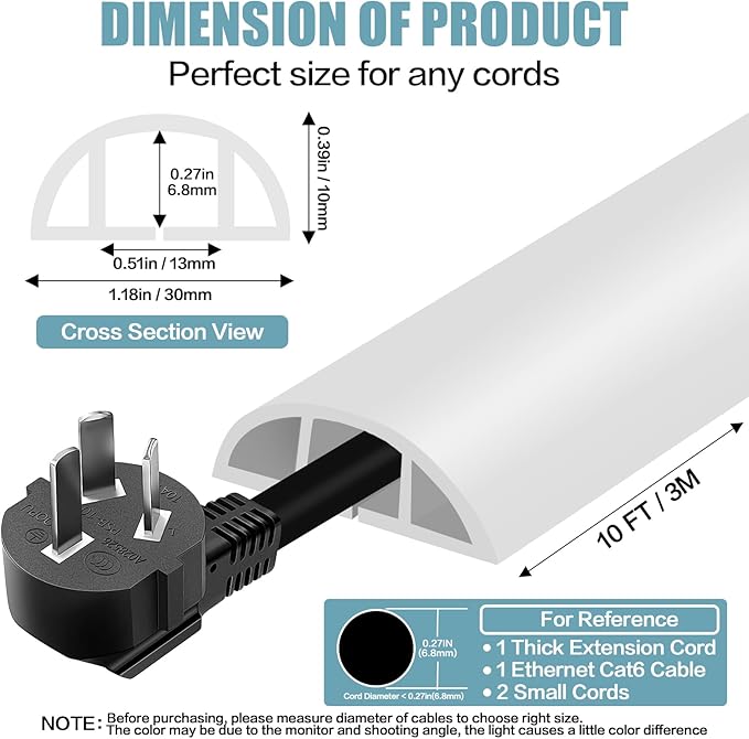 Floor Cord Cover Self Adhesive Cord Hider,10FT Cable Management, Extension Strip Protector for Wires, Prevent Cable Trips for Offices, Gyms, Exhibitions Cavity:0.39"(W) x 0.27"(H) White