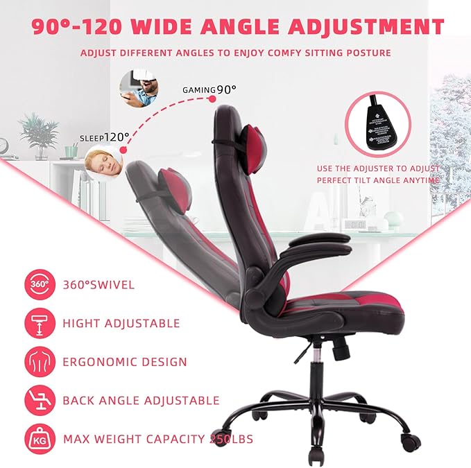 Video Gaming ChairErgonomic Computer Office Desk Chair with Lumbar Support Flip Up Arms Adjustable Height Swivel PU Leather Executive with Wheels for Kids Adults Women Men Gaming Home Office(Red)