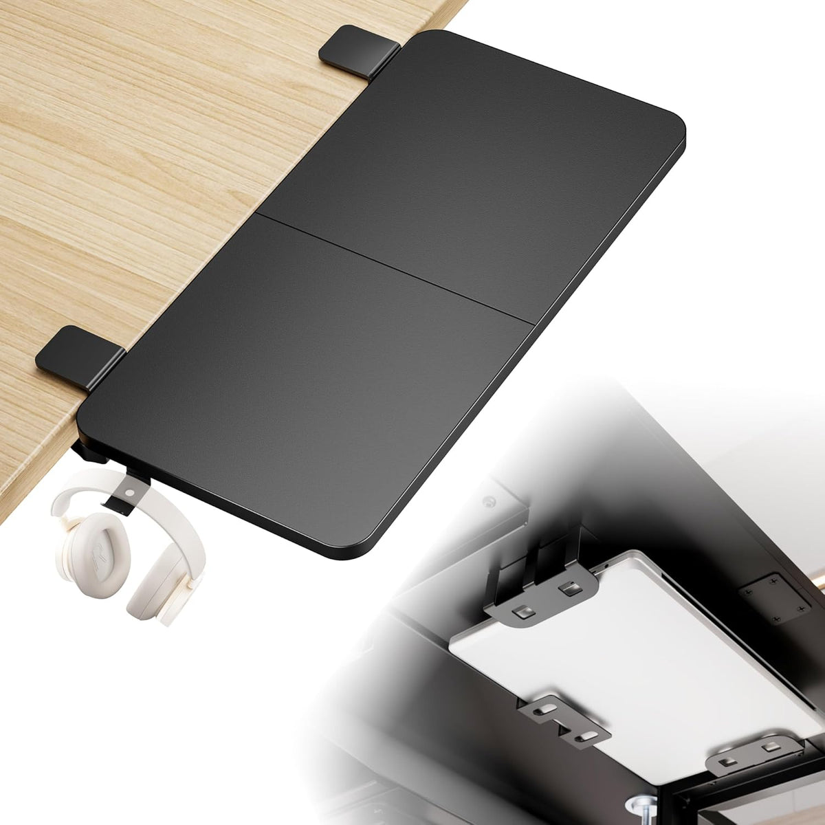 Desk Extender Tray, 24" x 12" Clamp On Desk Shelf, Desk Extension with Laptop Holder, Table Desk Arm Rest, Clamp On Keyboard Tray for Office and Home, Workstation Organizer, Medium, Black