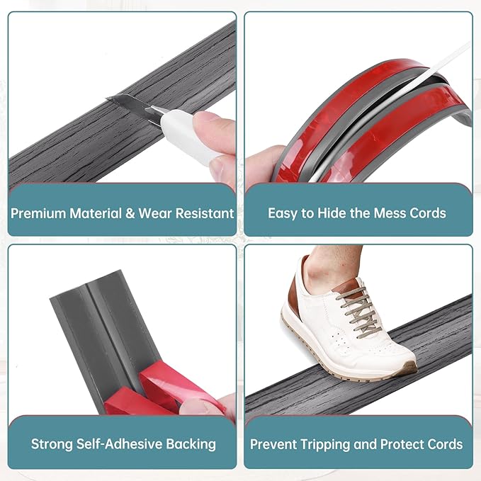 Floor Cord Cover Self Adhesive Cord Hider Floor Extension Cord Covers for Floor Power Cord Protector Cable Management Prevent Cable Trips Cable Cavity 0.59" W x 0.31" H (Deep Grey Wood, 10Ft)