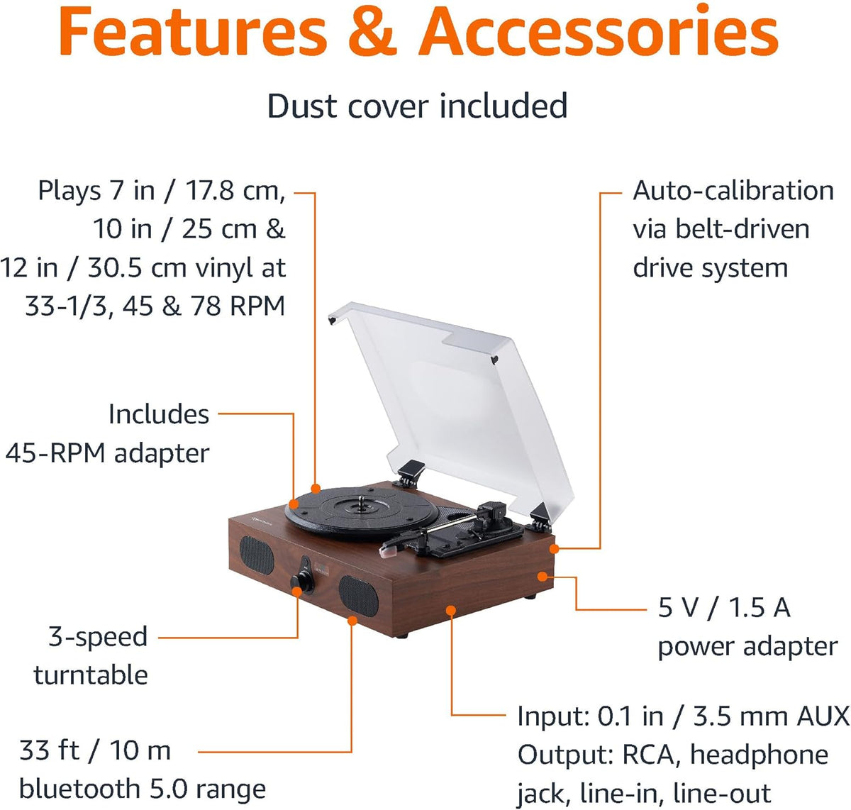 Amazon Basics Desktop Turntable Vinyl Record Player with Bluetooth and Built-in Speakers, 3-Speed, Black