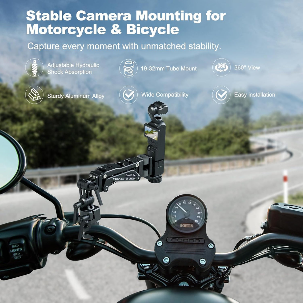 Came-TV Motorcycle Camera Mount Stabilizer, Bike Camera Mount,Handlebar Mount Shock Absorber Arm, Anti-Shake Motorcycle Mount PK04 Compatible with Pocket 2, Pocket 3, 360 Action Cameras, Smartphones