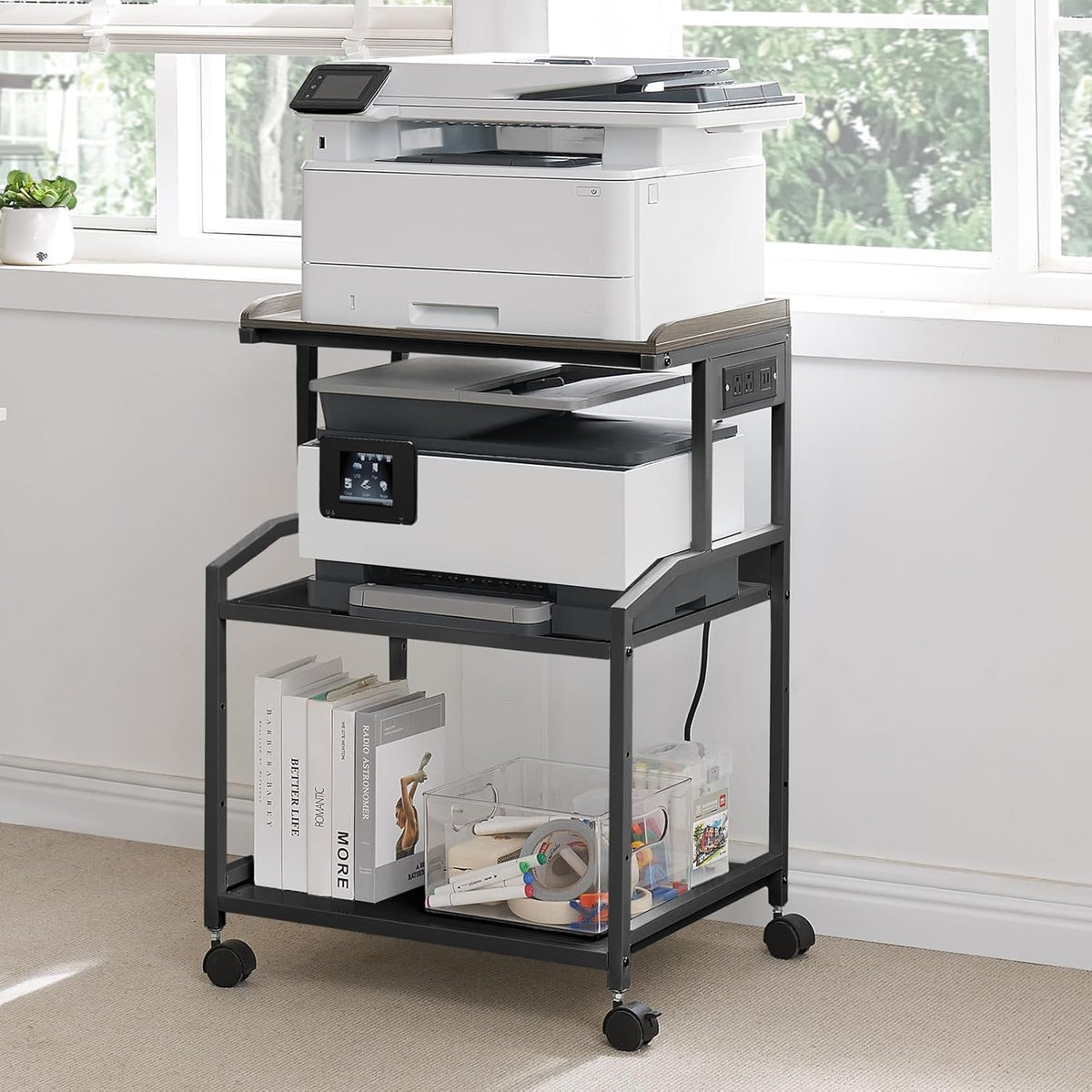 Lauren&Harold 34'' Printer Stand with Power Outlets & USB Ports, 3-Tier Adjustable Rolling Cart, Heavy Duty 150LBS Storage Table with Wheels for Office, Kitchen, Living Room, Black