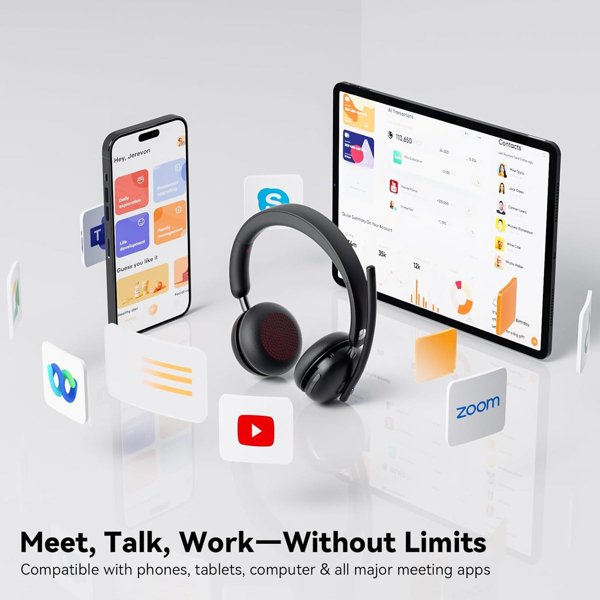 Wireless Headset with Mic for Work-Bluetooth 5.3 Headset with Noise Cancelling, Wireless Headsets with 65Hrs Battery & 10Min Fast Charge, Smart Dock with Digital Display for PC/Computer/Teams