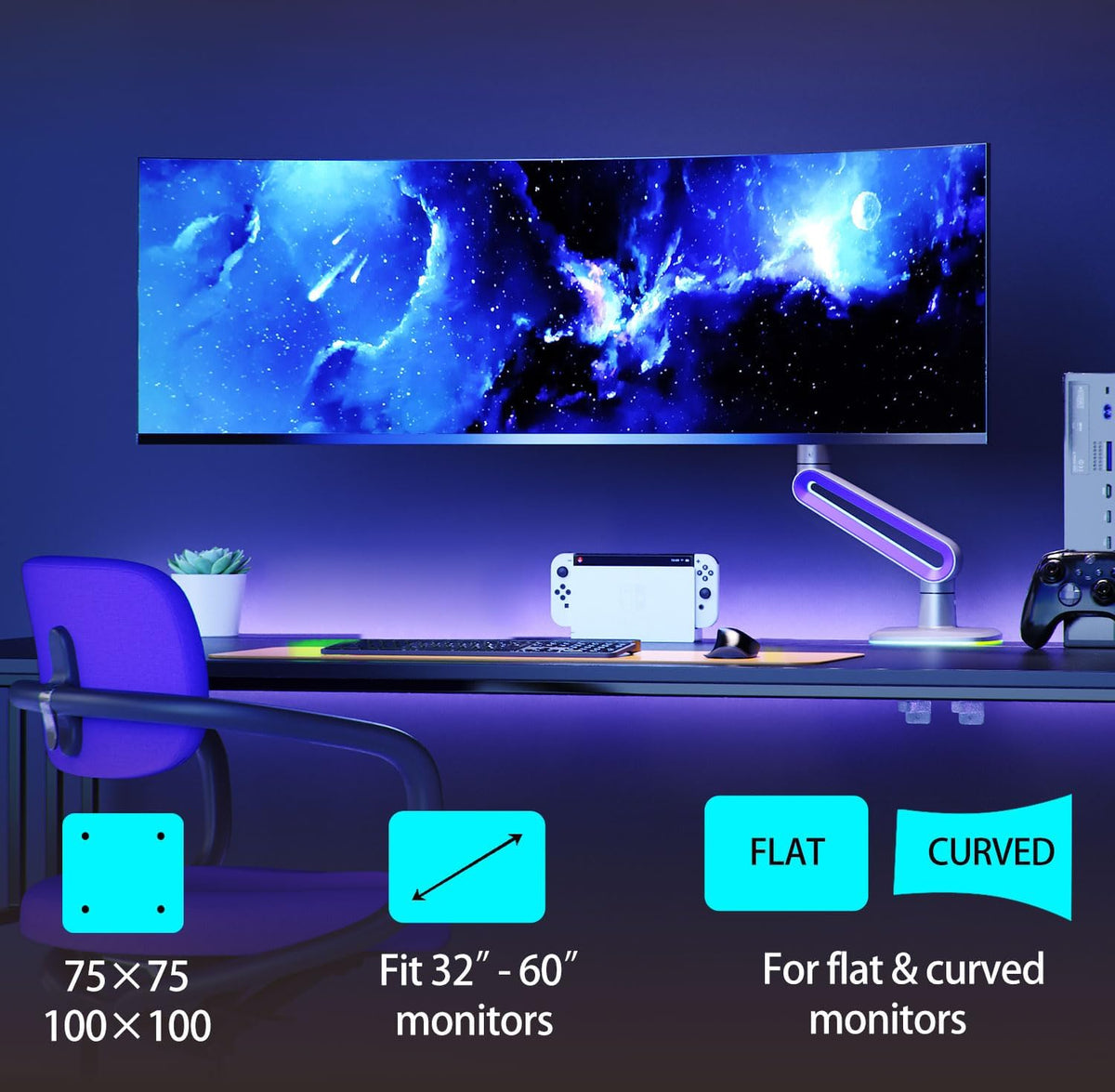RGB Gaming Monitor-arm for Flat/Ultrawide/Curved Monitors 32 to 60 inch, Heavy Duty Stand Load up to 20 kg, VESA 75/100 mm Monitor-Mount G70-New