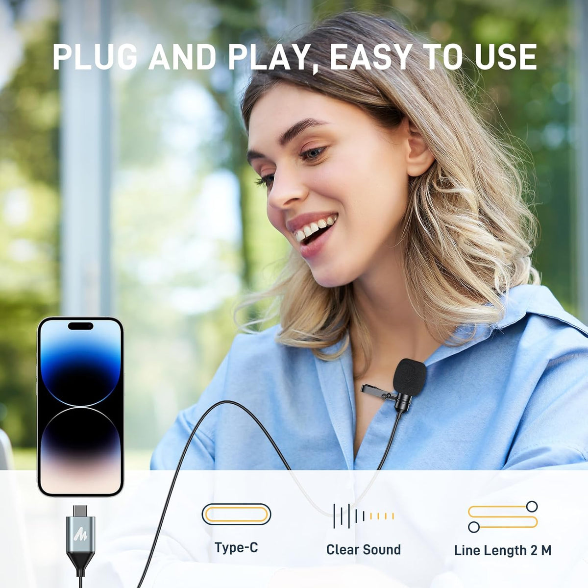 MAONO USB C Lavalier Microphone for iPhone 15, iPad, Android, Omnidirectional Condenser Lapel Mic for Recording, Interview, Video Podcast, Vlogging, YouTube, TikTok, UL11