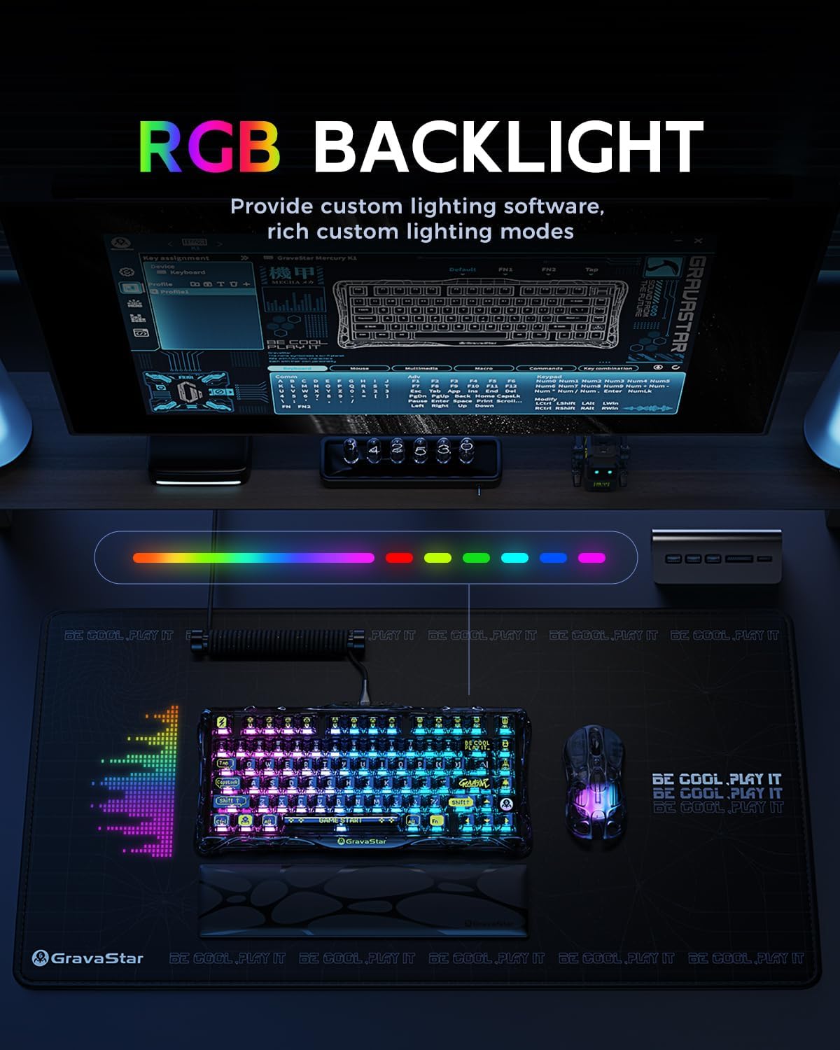 GravaStar Mercury K1 Lite 75% Gaming Keyboard, 2.4GHz/BT/Wired Tri-Mode Wireless Keyboard, Gasket Hot Swappable Mechanical Keyboard, Pre-lubed Linear Switches, RGB Backlit - Transparent Black