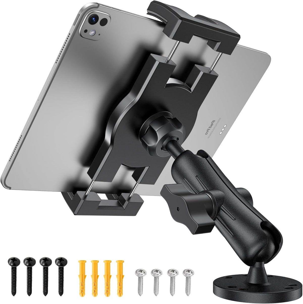 Industrial Tablet Mount for Truck&Vehicle, Heavy Duty Drill Base iPad Mount Holder for Car, Adjustable Aluminum Arm, Compatible w/ 4.7"-12.9" Devices, Perfect for Dashboard, Boats, Walls–Black