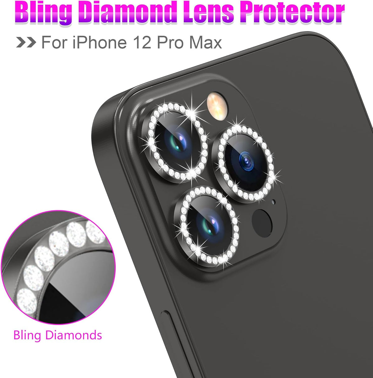 AGVEE 3+3 6 Pack for iPhone 12 Pro Max 6.7" Camera Lens Cover Protector, Bling Diamond & Bling Glitter Metal Ring 9H Tempered HD Glass Camera Cover Protector Film, Bling-Black