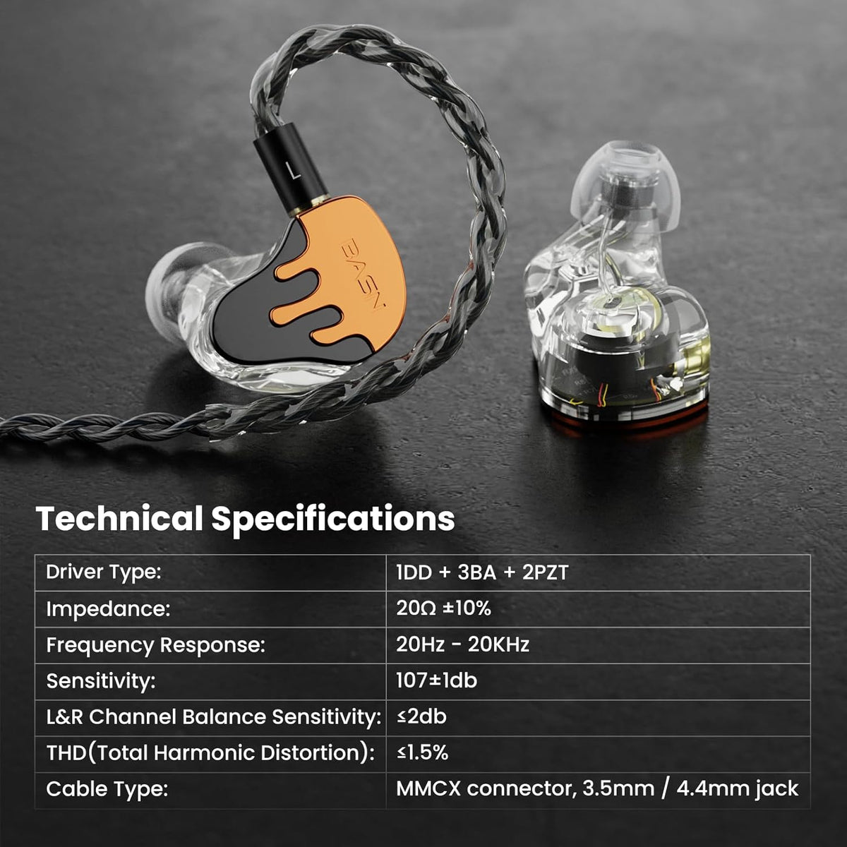 BASN BmasterX in Ear Audio Monitor, Hybrid 6 Drivers IEM Earphones with Crystal Clear Sound, Detachable Cable Plus Carrying Case & Fit Kit for Musician, Stage, Studio (3.5mm/4.4mm Jack, Orange/Black)