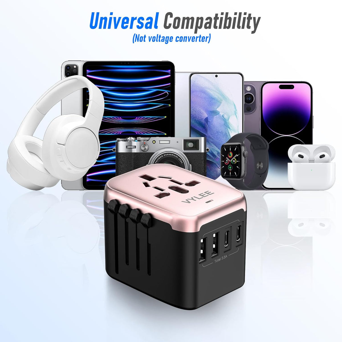 Universal International Power Travel Plug Adapter, 5 in 1 European Travel Plug Adapter W/ 3.5A 2xUSB-A and 2xUSB C Wall Charger and Worldwide AC Outlet for Europe USA UK AUS(Rose Gold)