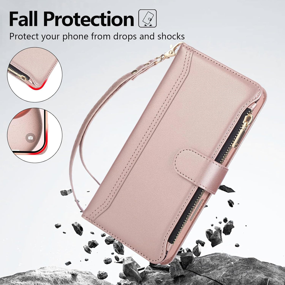Compatible with iPhone 13/14 Wallet Phone Case-PU Leather Magnetic Flip Cover with Credit Card Slots,Zipper Pocket & Detachable Wrist Strap,Shockproof Design,for Women and Men-Pink