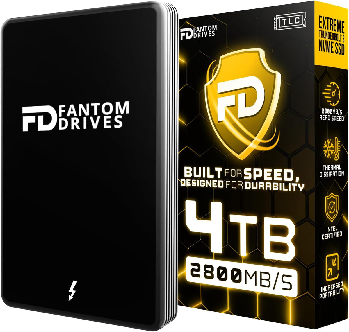 Fantom Drives - 4TB External 3D NAND TLC Portable Solid State Drive - Thunderbolt 3 & 4 USB 3.2 Type-C - 2800MB/s - Intel Certified -TB3X-2300N4TB