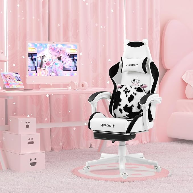 Cute Gaming Chair for Girl Ergonomic Cat Computer Chair with Armrests High Back Video Game Chairs with Footrest and Massage Lumbar Support for Teen &amp Woman Adjustable Height (Black+White)