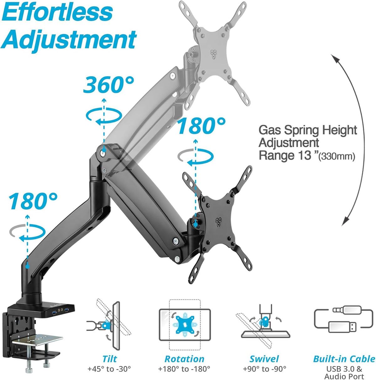 AVLT Single 17"-49" Super Ultrawide Monitor Arm for Screens Up to 50 lbs, Premium Aluminum Desk Stand, Adjustable Pneumatic Height, Full Motion Swivel Tilt Rotation, USB 3.0 & AUX Ports, Black