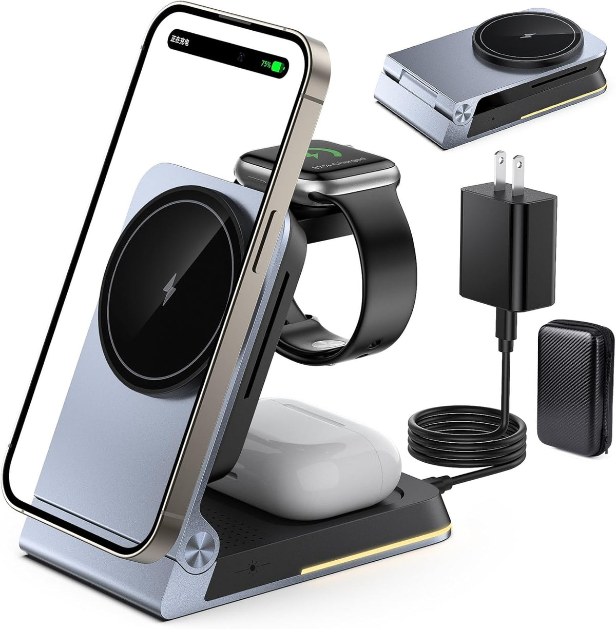 Aluminum 3 in 1 Wireless Charging Station,Foldable Wireless Charger for Apple Magsafe with Light,Portable Travel Magnetic Charger Stand for iPhone 16/15/14,Watch,Airpod, Include PD 20W Adapter & Case