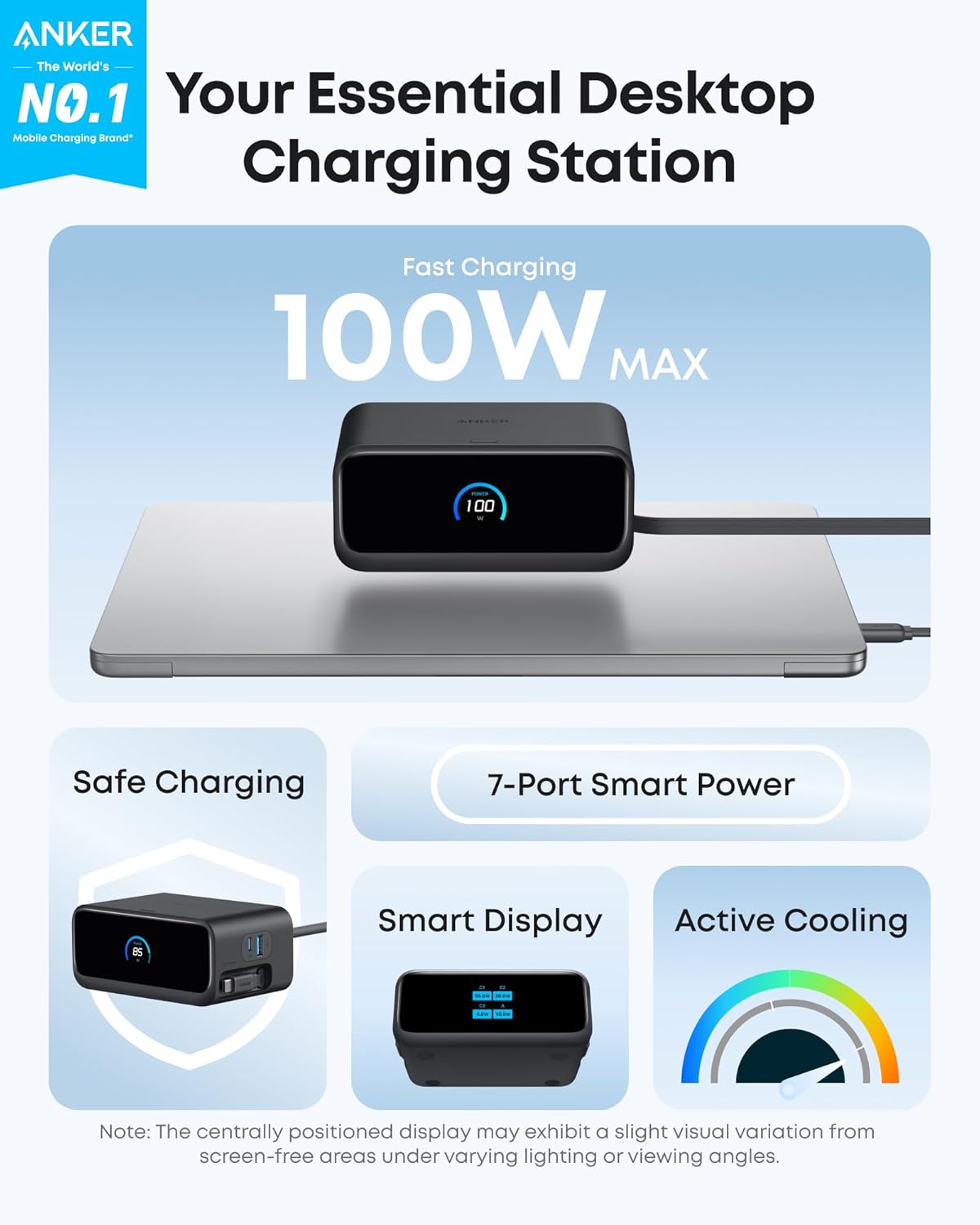 Anker Nano Charging Station, 7-in-1 USB-C Power Strip for iPhone 16, 2.3 ft Anker InstaCord Retractable Cable, 3 USB-C, 1 USB-A, 3 AC, 100W Desktop Fast Charging for MacBook, Home, Office(Non-Battery)