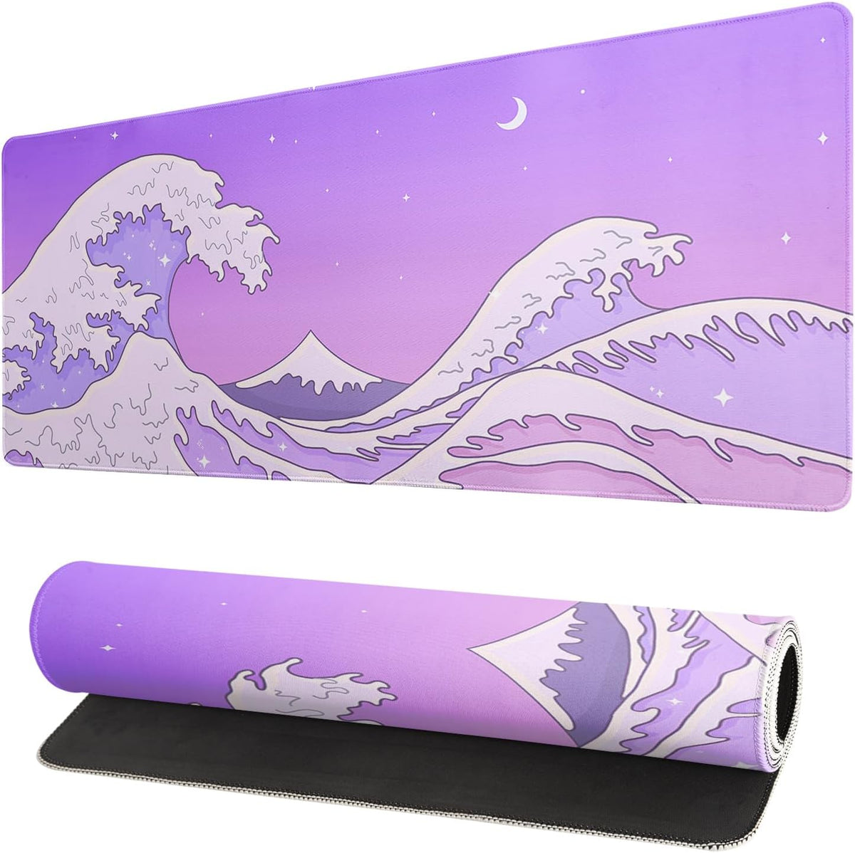 Purple Japanese Sea Wave Gaming Mouse Pad - Large Desk Mat with Non-Slip Base and Stitched Edge for Gaming and Office - 31.5x11.8 Inch