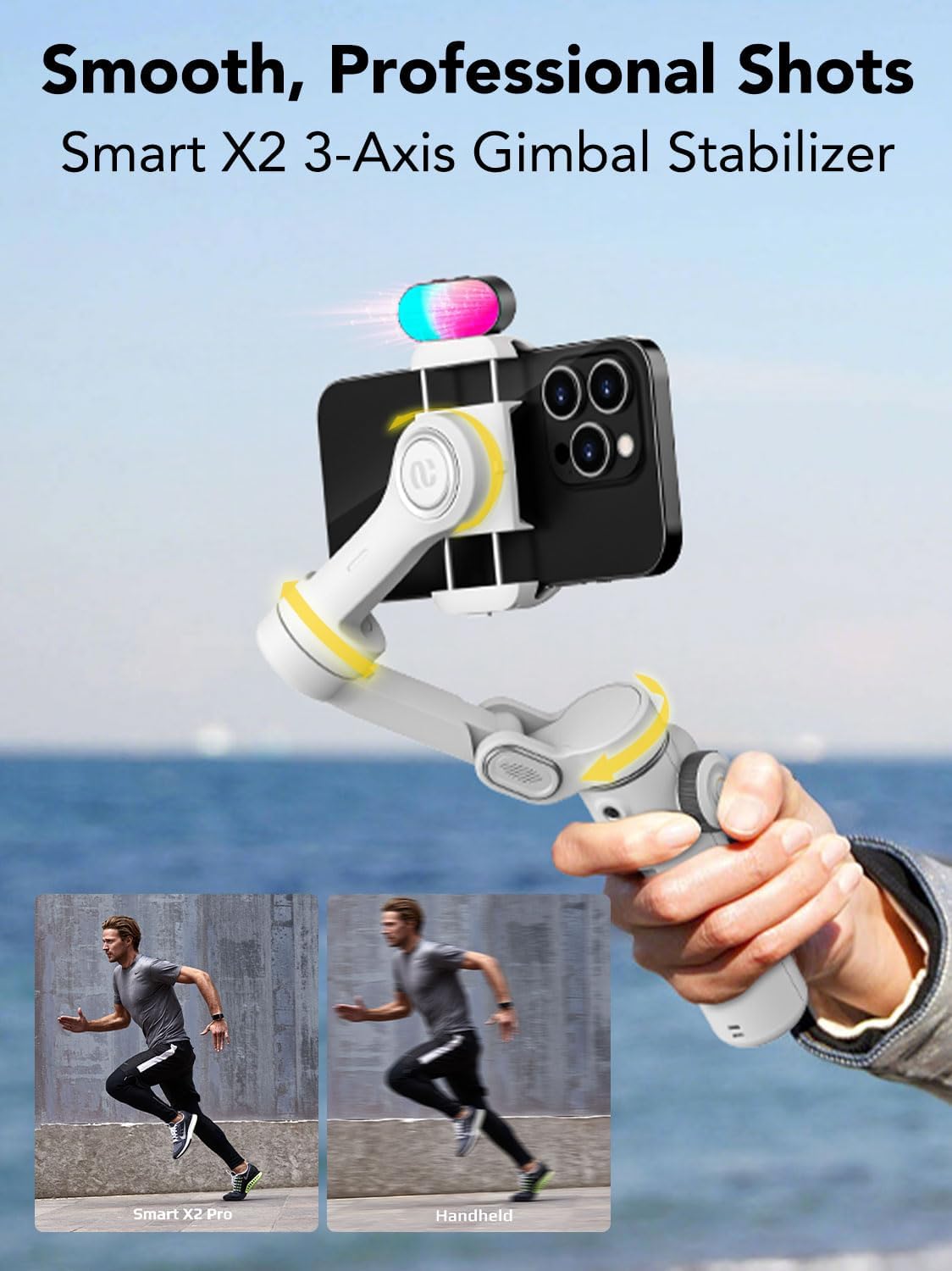 Smart X2 3-Axis Gimbal Stabilizer for Smartphone with Adjustable RGB Fill Light, Built-in 20cm Extension Pole Selfie Stick, OLED Screen for Night Shots, Video Recording,X2 KIT White