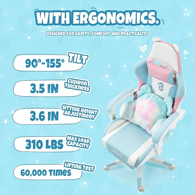 Cute Cat Ears Gaming Chair Girly Ergonomic Computer Chair with High Back 360° Swivel Office Computer Chair with Footrest and Paw Lumbar Cushion for Teens Girls Women (Pink Blue)