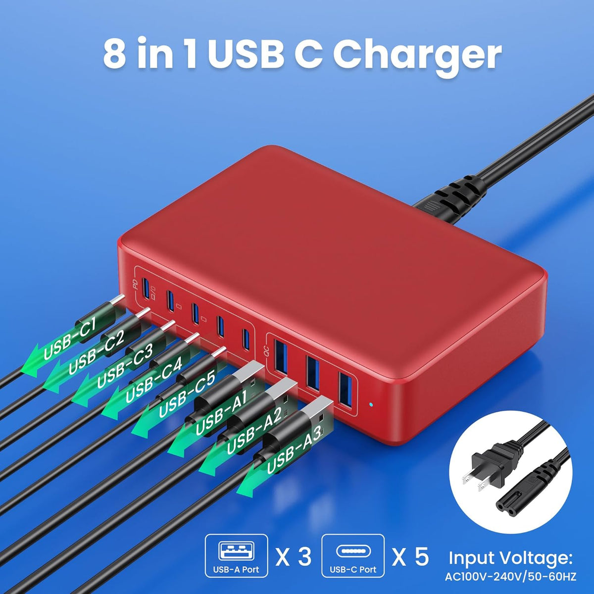 USB C Charger 300W USB C Charger Block 8-Ports GaN IV Fast Charging Station,PD 100W Laptop Charging Hub Wall Charge Adapter Compatible with MacBook/Air,DELL,Steam Desk,iPhone 16/15/14,Galaxy