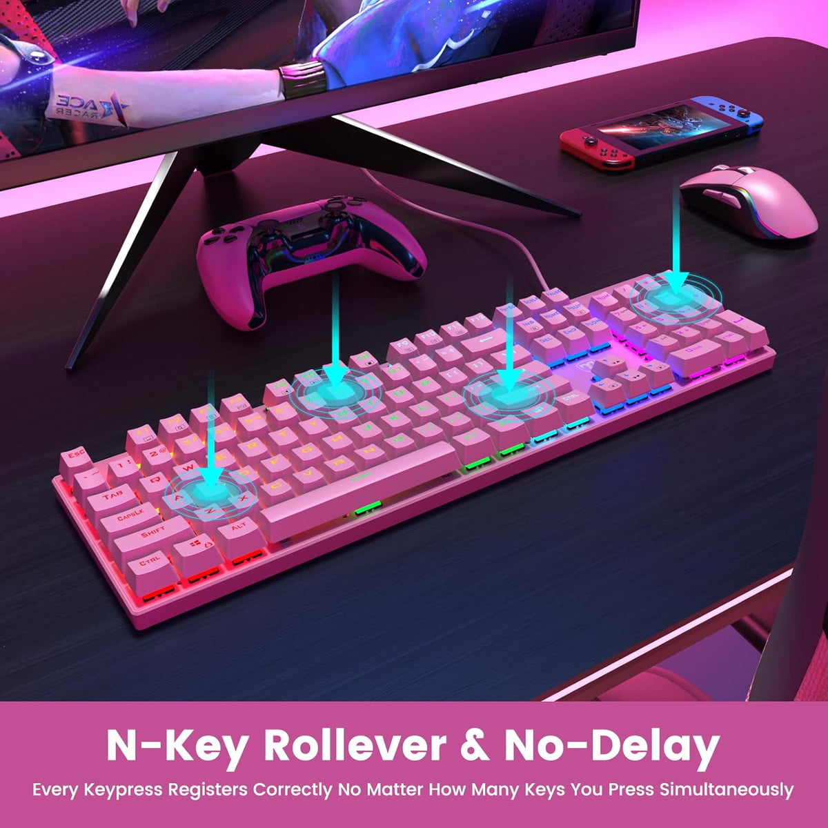 RisoPhy Mechanical Gaming Keyboard, RGB 104-Key Ultra-Slim Backlit USB Wired Keyboard with Blue Switch, Durable ABS Keycap/Anti-Ghosting/Spill-Resistant for PC, Mac, Xbox Gaming, Pink