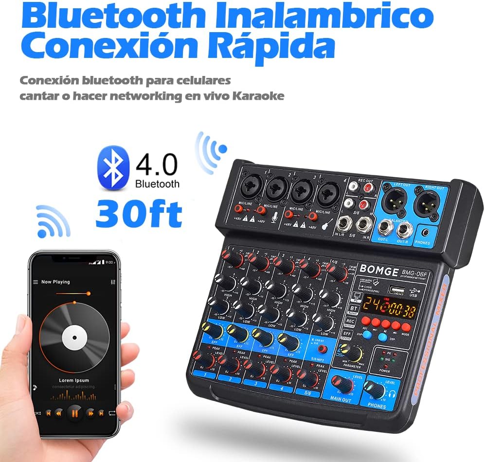 BOMGE 6 Channel mini DJ Audio sound mixer console with USB interface, Bluetooth, Stereo Recording, 48V Phantom Power, 24 DSP effects for karaoke, singing, live，streaming，pc recroding. (black)