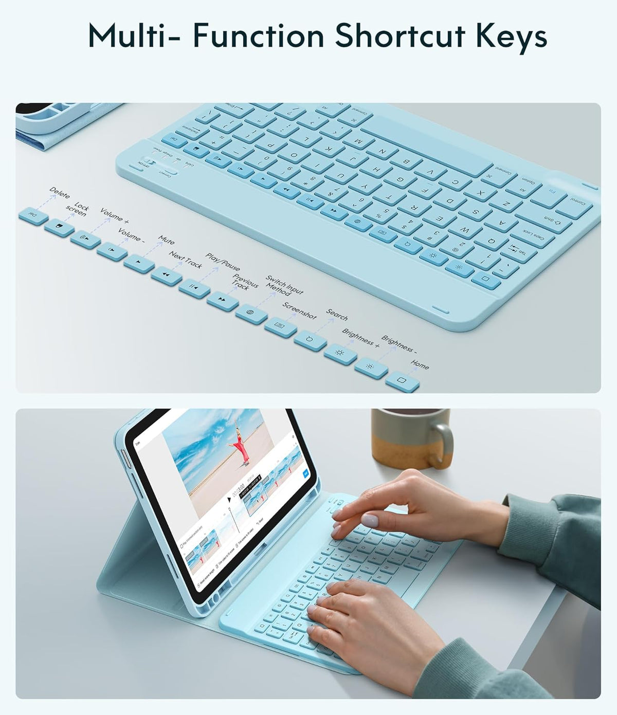 CHESONA Keyboard Case for iPad (A16) 11th/10th Generation (2025/2022), Detachable Wireless Keyboard, Stand Folio Keyboard Cover with Pencil Holder, Thin & Light (Light Blue)