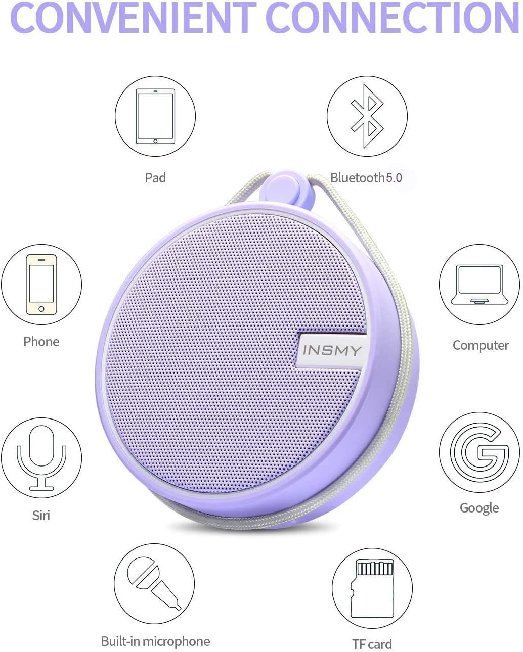 INSMY C12 IPX7 Waterproof Shower Bluetooth Speaker, Portable Small Speaker, Speakers Bluetooth Wireless Loud Clear Sound Support TF Card Suction Cup for Kayak Canoe Beach Gift (Purple)