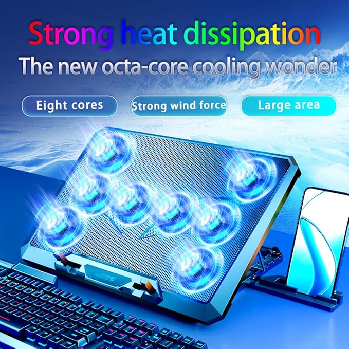 Laptop Cooling pad for Dell Vostro 3572 Gaming laptops Laptop Cooler with 8 Fans Adjustable Speed 5-Level Height Adjustment Mute SilentBuilt-in Phone Stand
