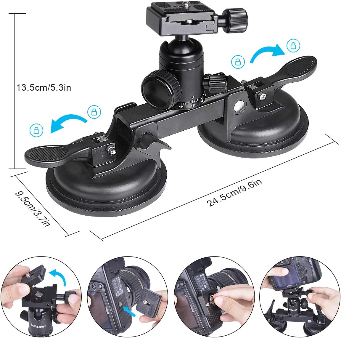 Professional Heavy Duty (20 lbs Load) DSLR Mirorrless Camera Suction Cup Car Mount Camcorder Vehicle Holder w/ 360°Panorama Ball Head + Quick Release Plate Compatible with Nikon Canon Sony RED BM