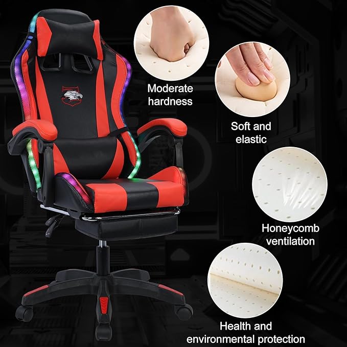 Gaming ChairComputer Chair with Footrest and Lumbar SupportHeight Adjustable Game Chair with 360° Swivel Seat and Headrest for Office&ampGamingOffice Chair with Bluetooth Speakers&ampLED Lights (