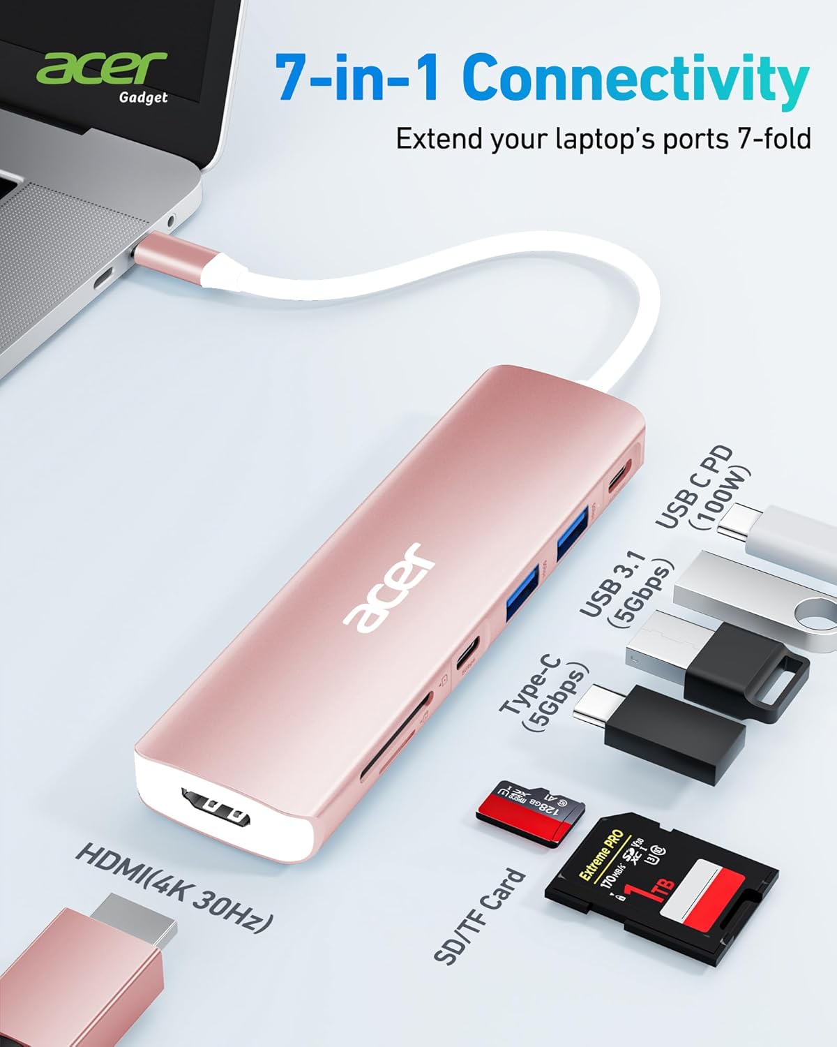 Acer USB Hub, 7 in 1 USB C to HDMI Multi-Port Adapter, 2 USB 3.1 GEN1 and 5Gbps Type-C Data Port, 4K HDMI Port, PD 100W Charging, SD Card Reader, for iPad Pro MacBook Pro Acer Laptops and More (Pink)
