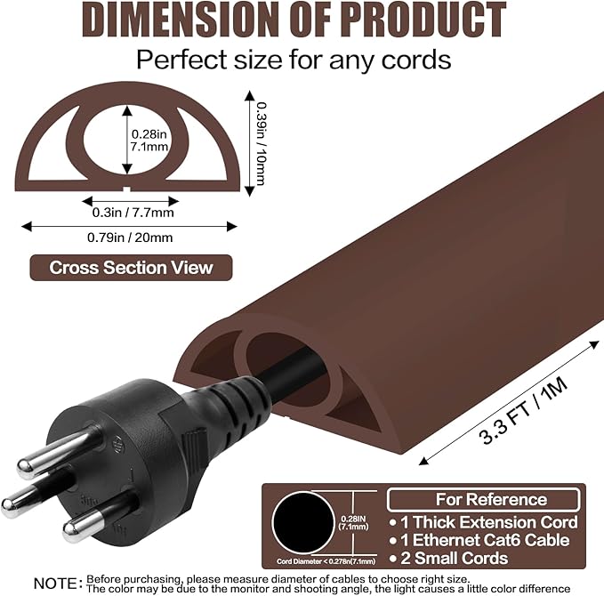 Floor Cord Cover Self Adhesive Cord Hider,3.3FT Cable Management, Extension Strip Protector for Wires, Prevent Cable Trips for Offices, Gyms, Exhibitions Cavity:0.3"(W) x 0.28"(H) Coffee
