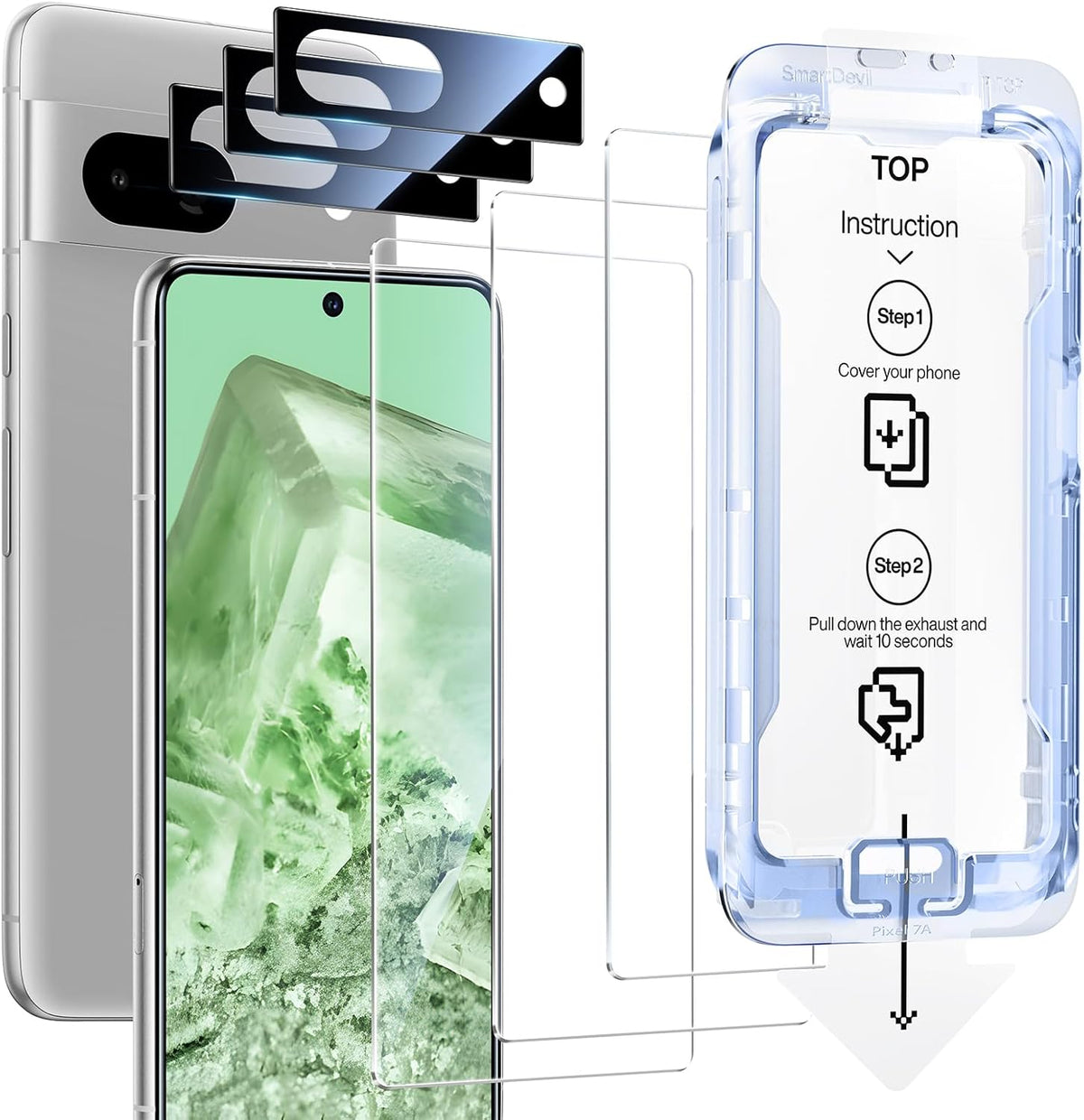 SMARTDEVIL [3+3 Pack for Google Pixel 8 Screen Protector with Camera Lens Protector, Finger Print Reader Compatible, Fast & Easy Installation, Clear 9H Tempered Glass Film, Alignment Frame