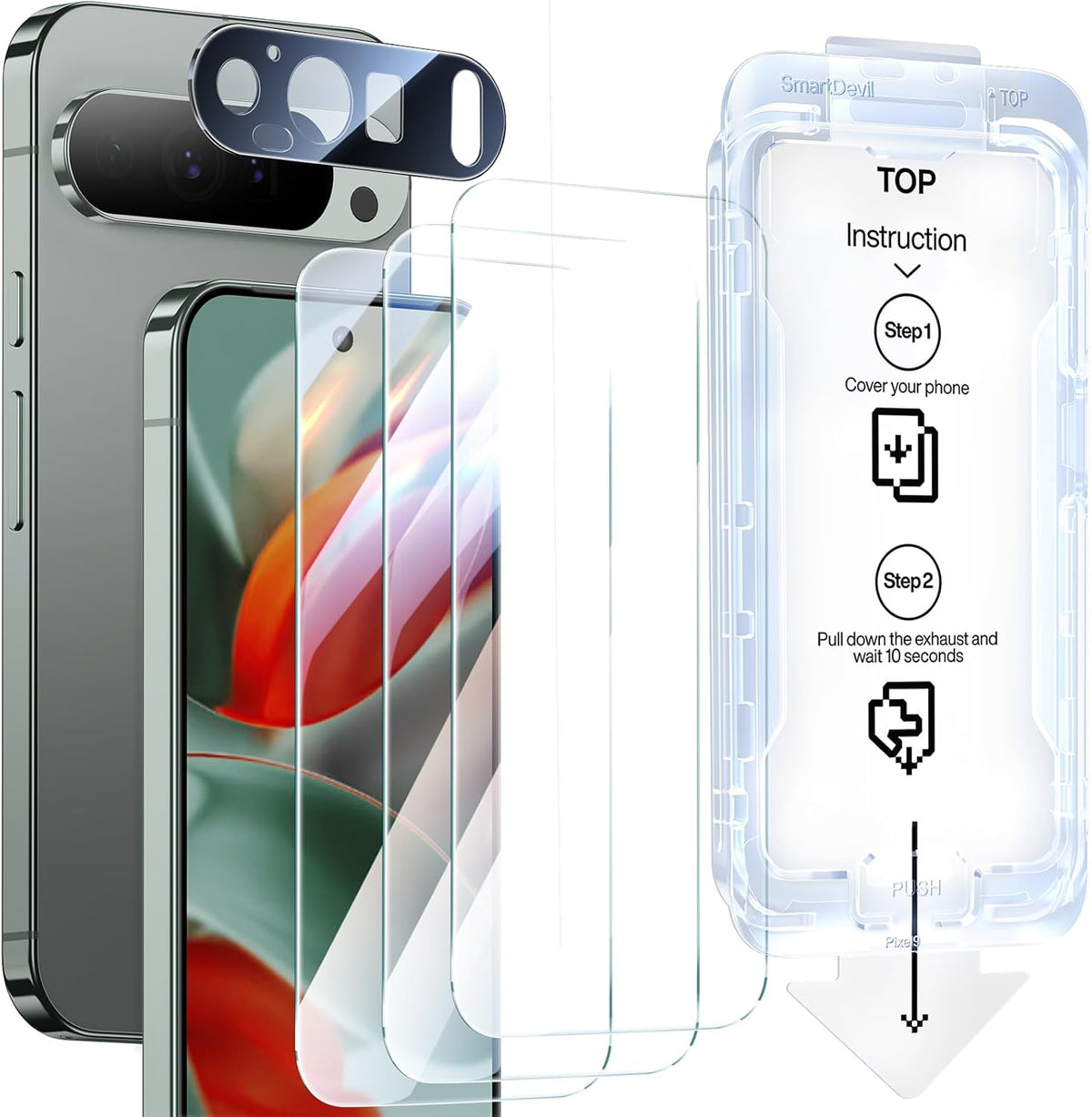 SMARTDEVIL [3+1 Pack Screen Protector For Google Pixel 9 Pro With Camera Lens Protector, Finger Print Reader Compatible, Clear 9H Tempered Glass Film, Fast & Easy Installation, Alignment Frame