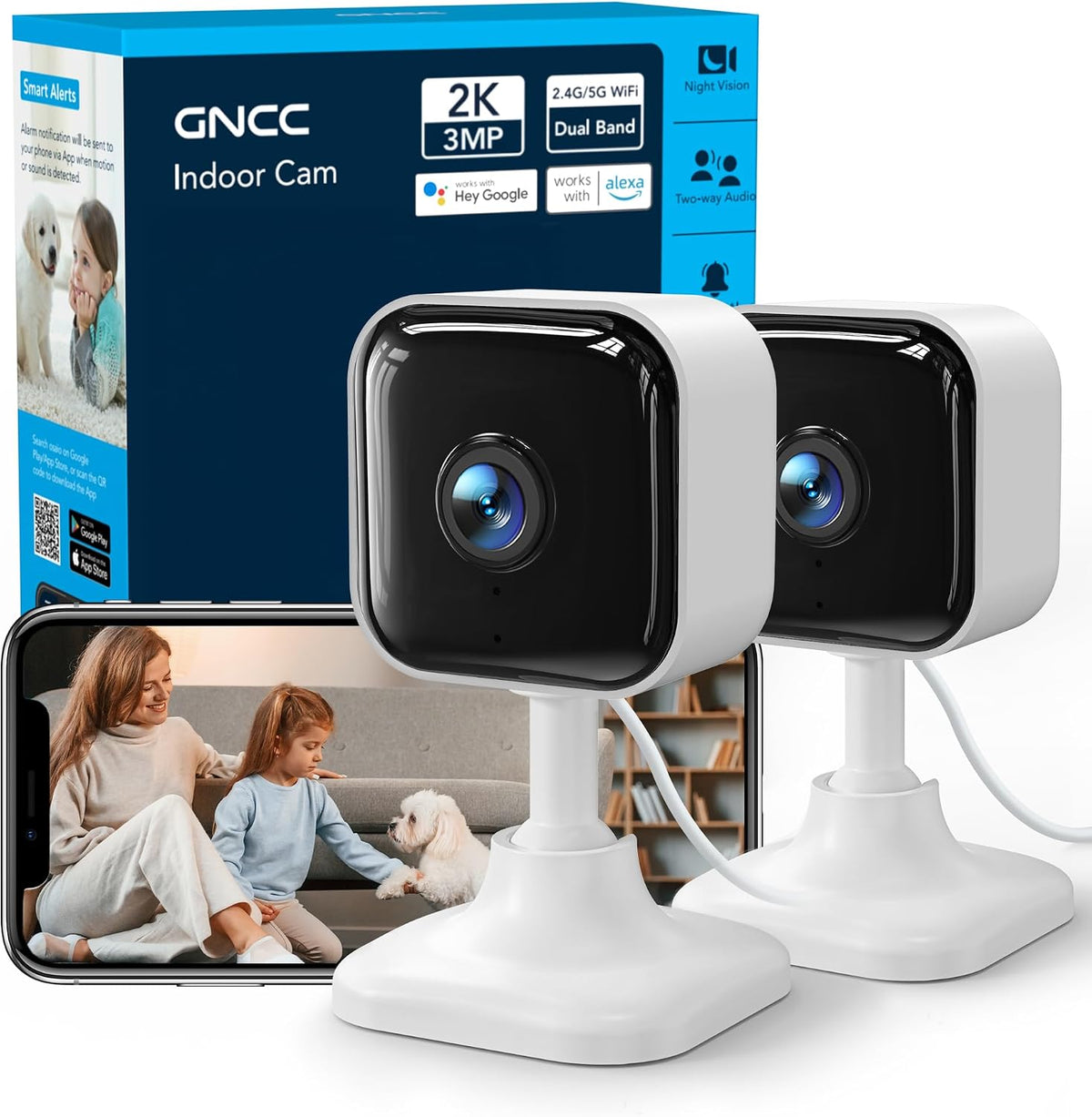 GNCC 2K 2.4G/5G 2 Pack Indoor Cameras for Home Security with Phone App, Mini Pet Cam w/Human/Motion/Sound Detection