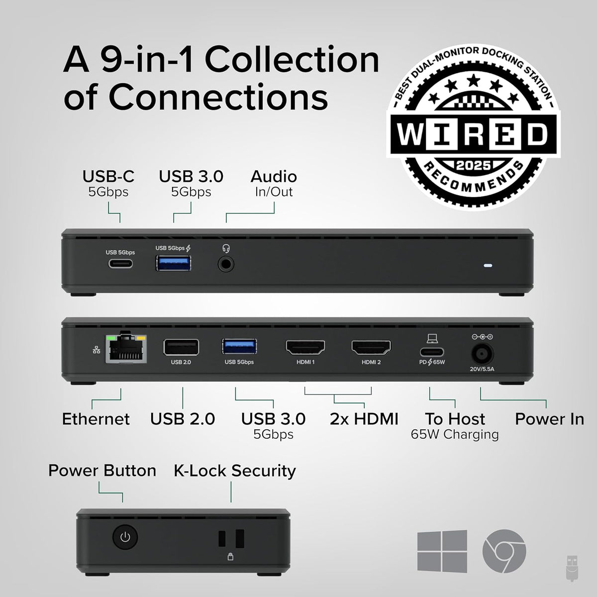 Plugable USB-C Docking Station Dual 4K 60Hz HDMI, 65W Charging, Gigabit Ethernet, 1x USB-C 5Gbps, 3X USB-A, Audio, Windows/ChromeOS, USB-C/USB4/Thunderbolt, Driverless (UD-MSTH2)