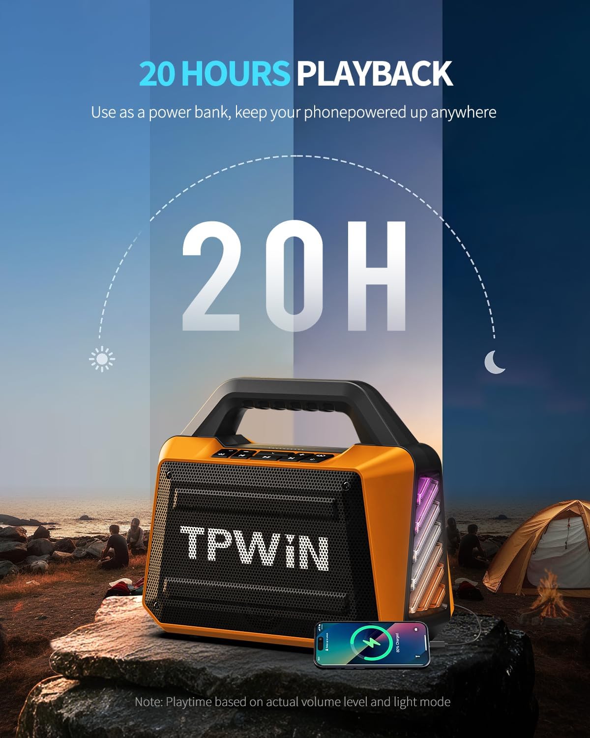 Portable Bluetooth Speaker Wireless - Loud Speakers 80W Peak, 20H Playtime, Light Show, TWS, Deep Bass, BT 5.3, IPX6 Waterproof for Outdoor Travel Camping Beach Pool - Orange