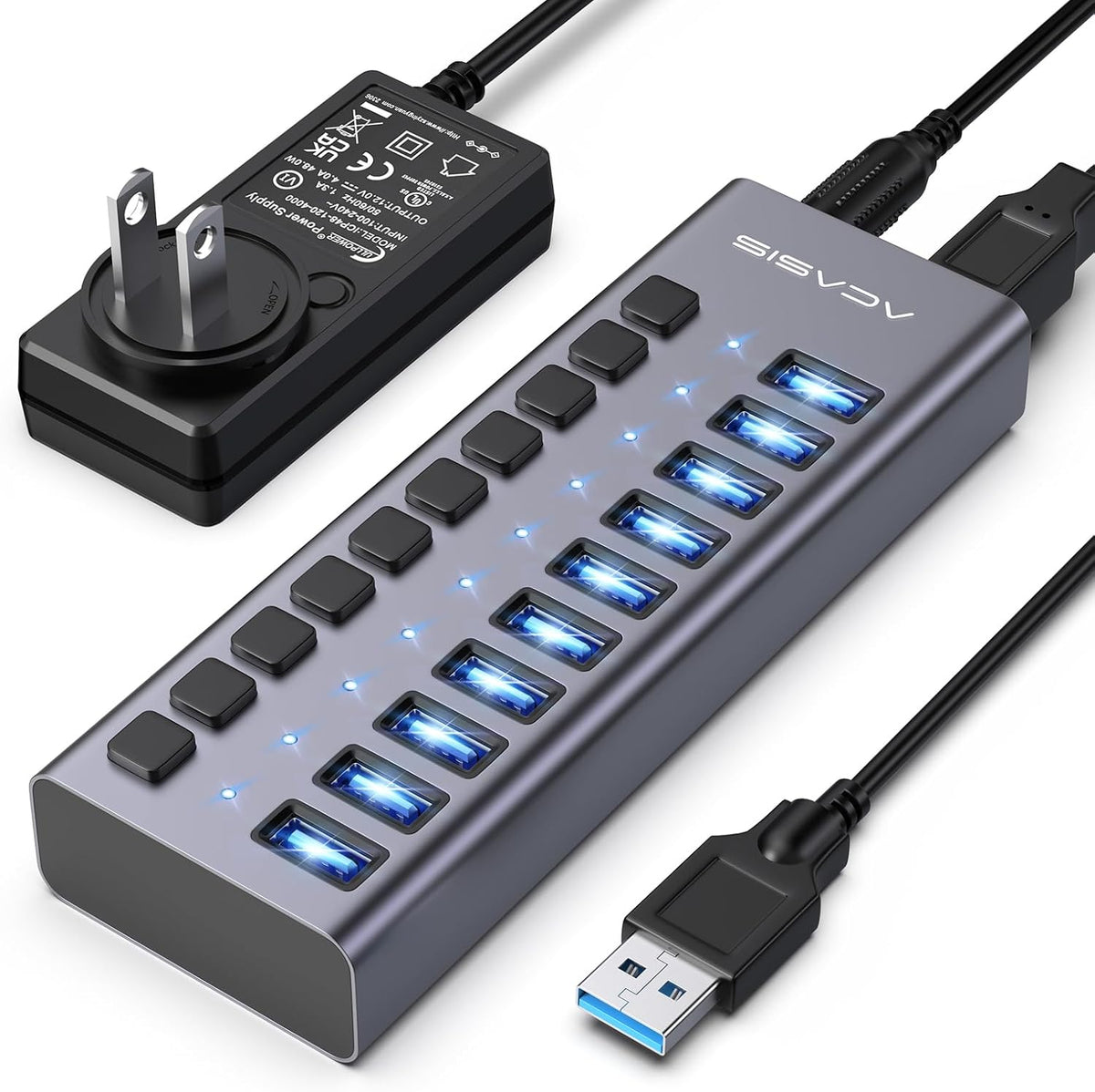 ACASIS Powered USB Hub,10 Ports USB 3.1 Hub with 10Gbps Data Speed, Individual On/Off Switches, 12V4A 48W Power Adapter, USB Hub 3.1 Powered for MacBook, Mac Pro/Mini, Surface Pro Laptop/PC