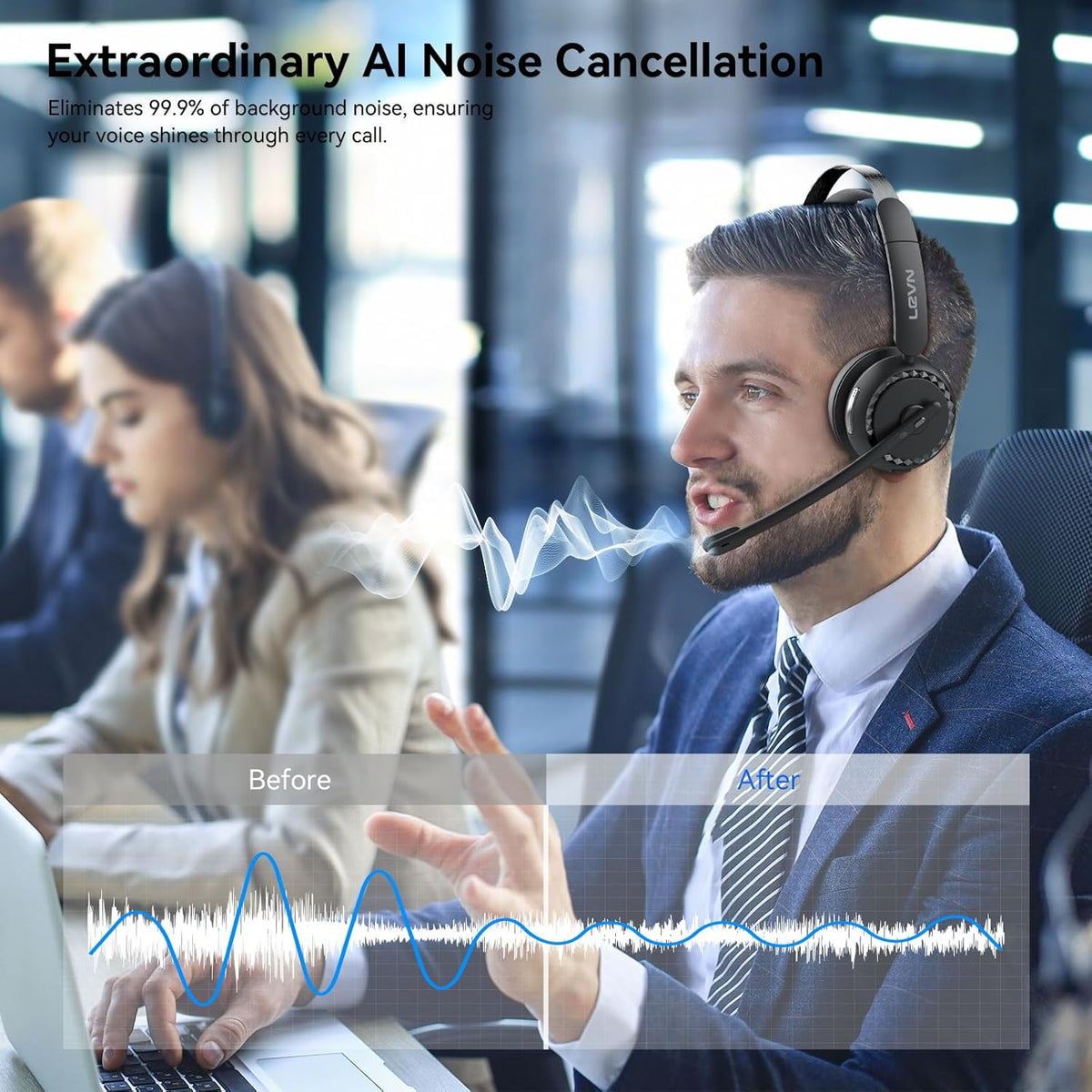 LEVN Wireless Headset, Wireless Headset with Mic for Work, AI Noise Cancelling, 65 Hrs Working Time, Bluetooth Headphones with Microphone from Home/Computer/Call Center/Teams